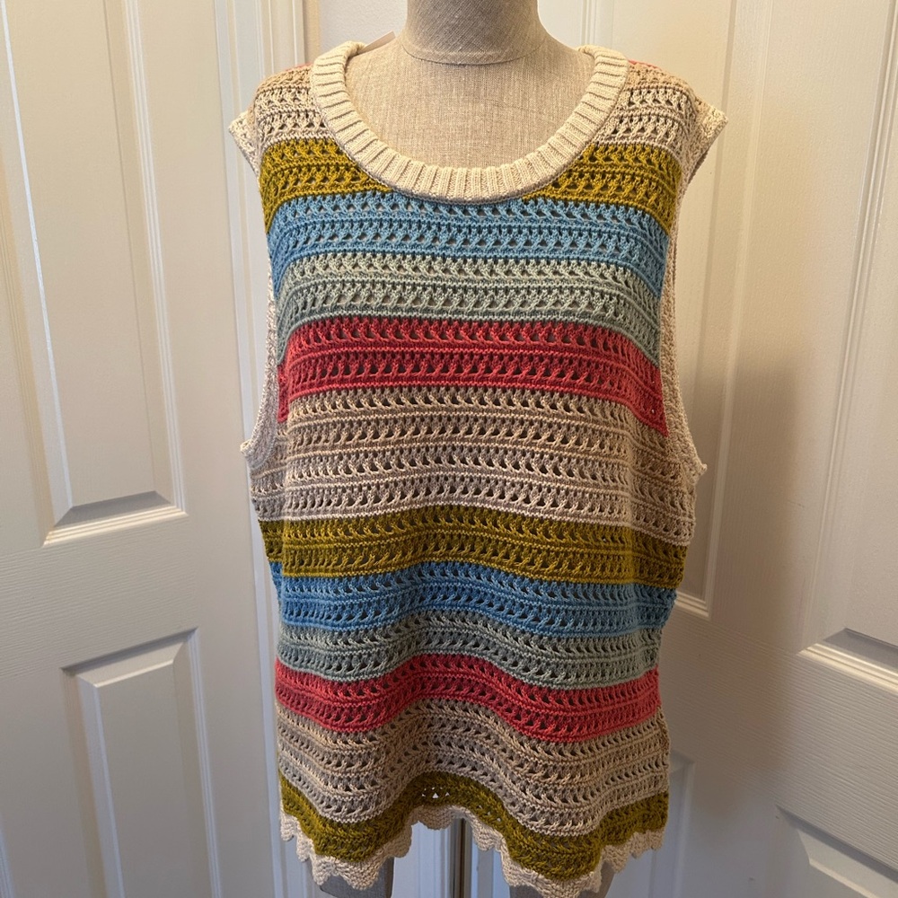 Pendleton Multicolor Striped Crochet Sleeveless Sweater